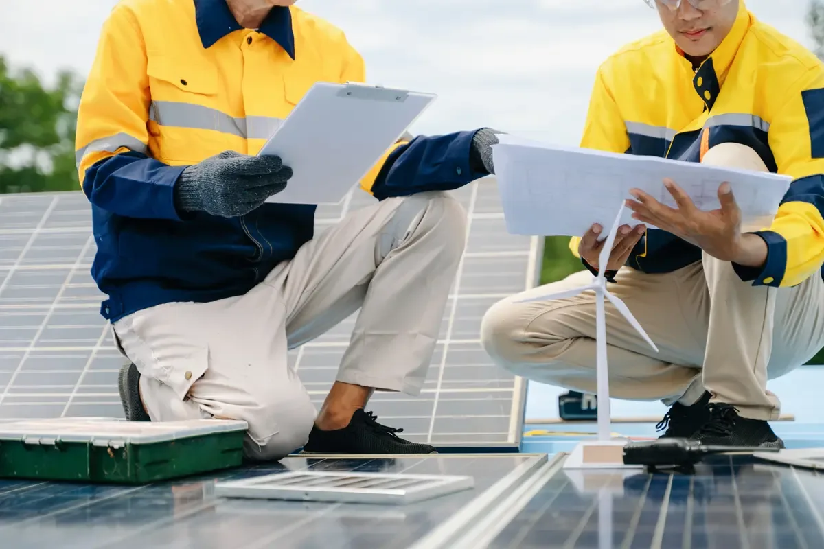Instalación fotovoltaica en revisión con luz de atardecer sobre los paneles